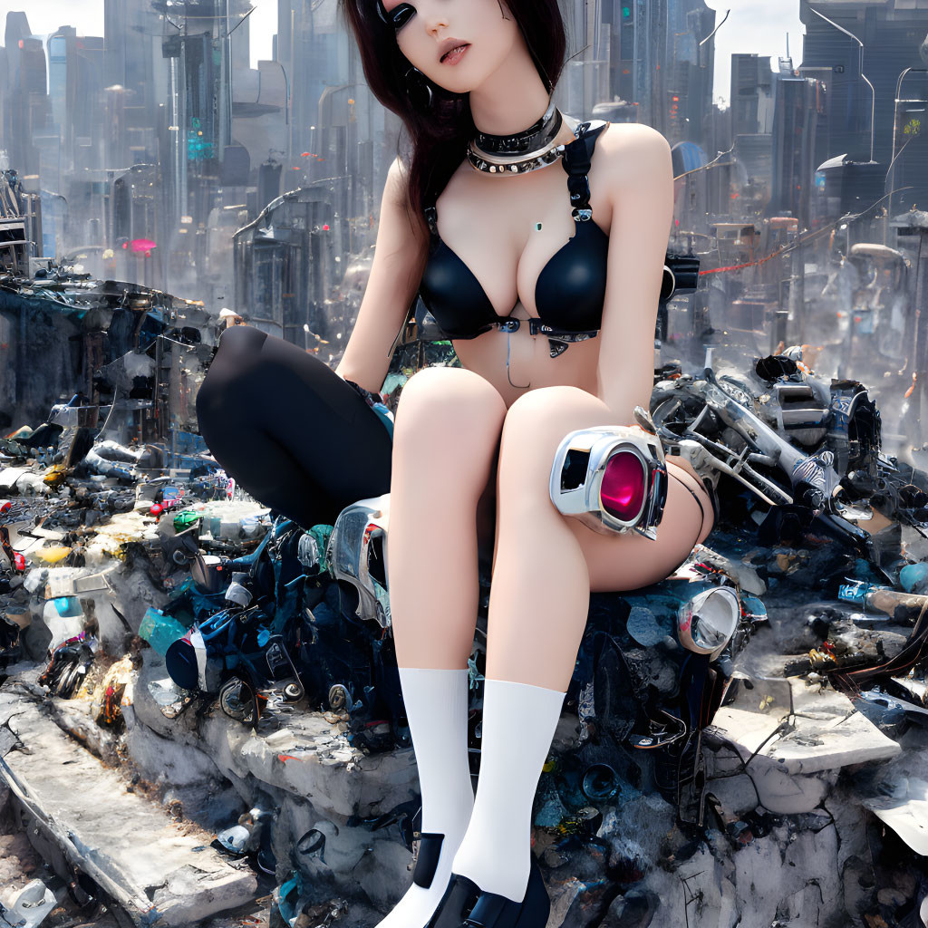 Female cyberpunk character on futuristic city debris.