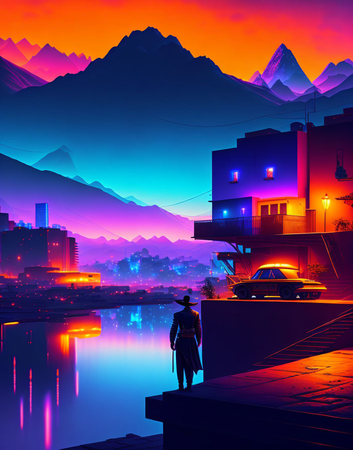 Serene lake at dusk with neon-lit buildings, classic car, and purple mountains