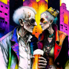 Vibrant illustration: Elderly couple with punk style clinking beer glasses in cityscape.