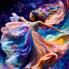 Colorful cosmic artwork of a woman in flowing attire against starry background