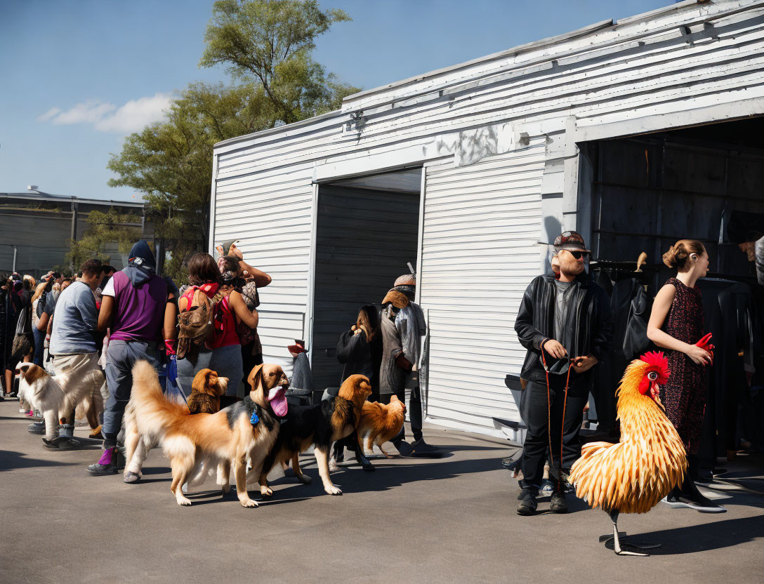 People with Dogs in Leashes Queue Outside Building with Rooster