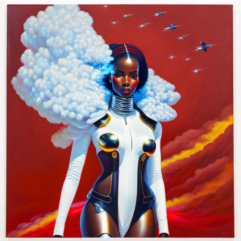 Illustration of woman with afro cloud hairstyle in futuristic bodysuit on red sky with jets