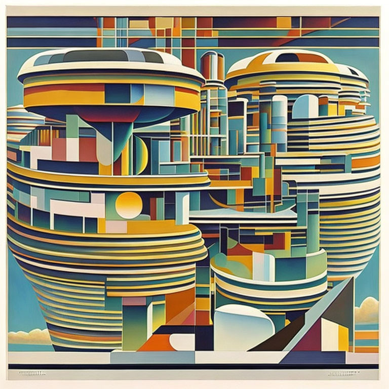 Colorful painting of futuristic cityscape with rounded buildings and geometric shapes under blue sky
