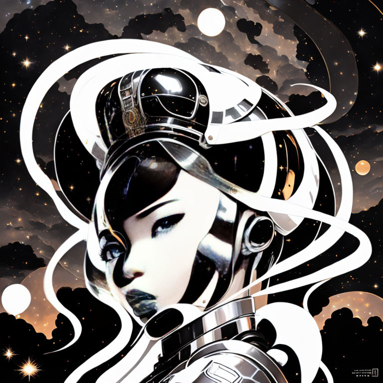 Futuristic female figure illustration with space-themed background