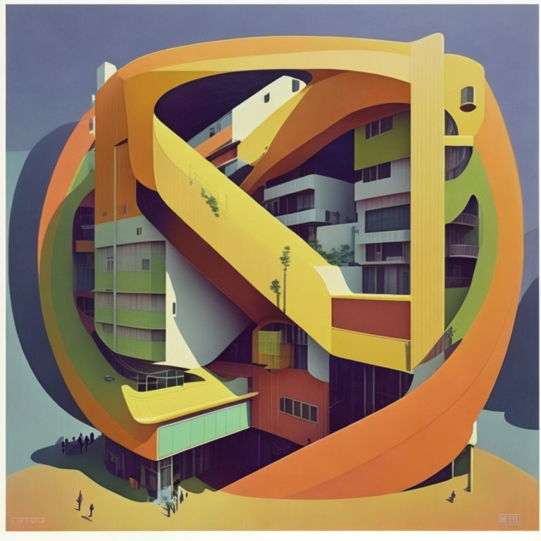 Surreal artwork of looping Möbius-strip-like building in orange and green