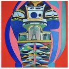 Colorful Abstract Painting: Distorted Tower with Layered Arches in Red and Blue Background
