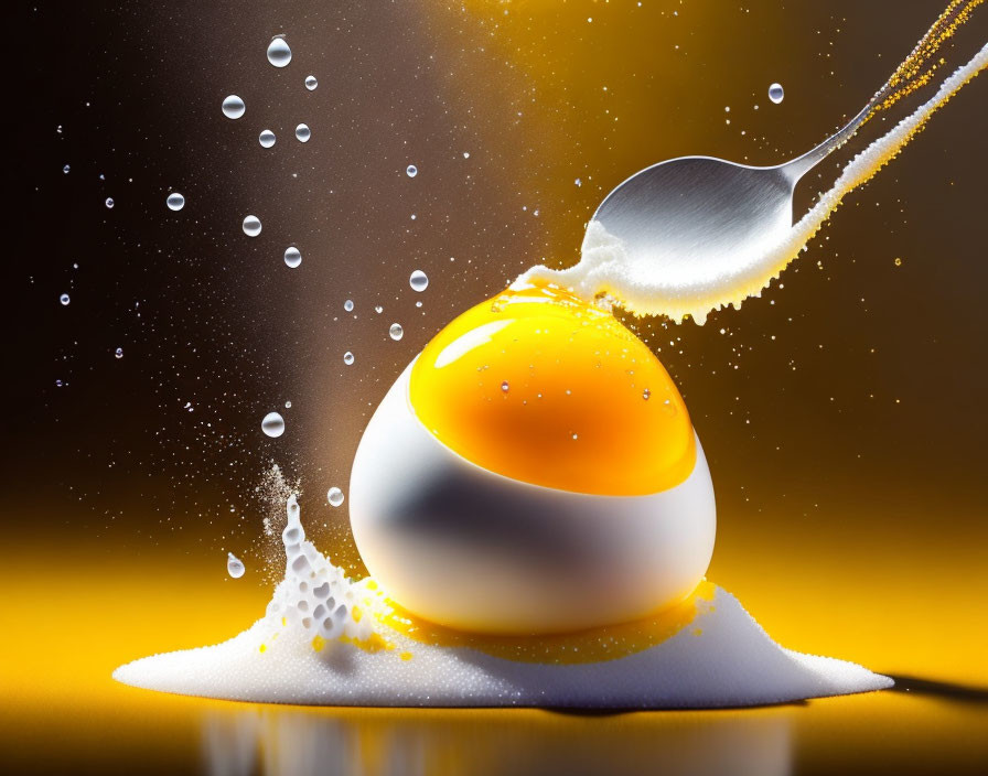 Spoon striking raw egg: yolk intact, white splashes