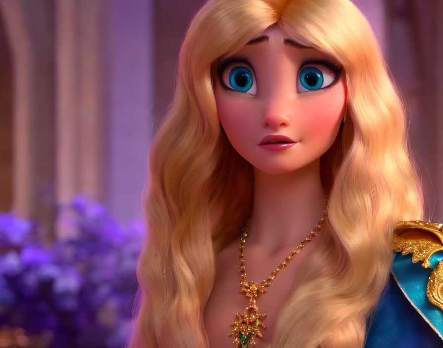 Blonde Animated Character with Blue Eyes and Gold Necklace in Surprised Expression