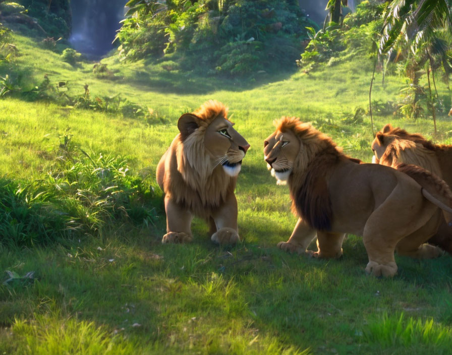 Animated lions interacting in lush savannah with waterfall.
