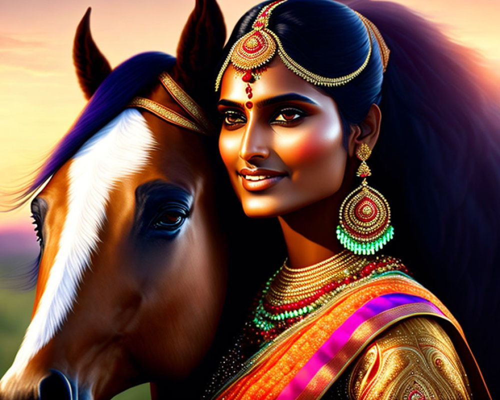 Digital artwork: Woman in Indian attire with jewelry & horse against sunset.