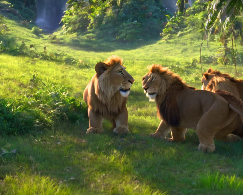 Animated lions interacting in lush savannah with waterfall.