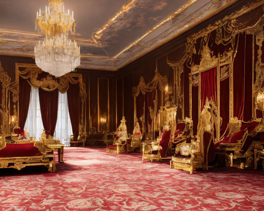 Luxurious room with golden furniture, red curtains, chandeliers, and plush carpet