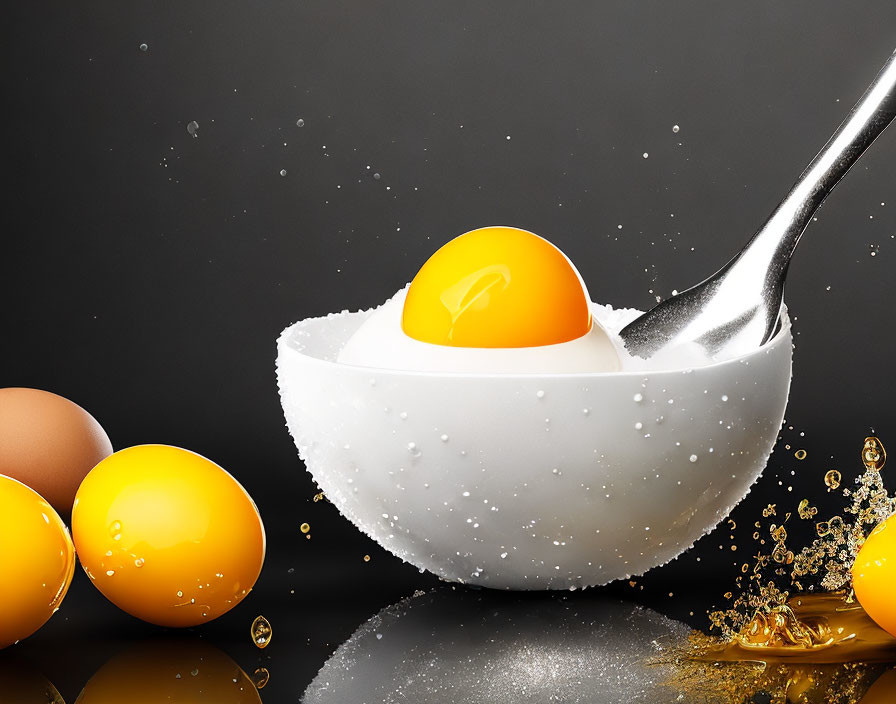 Raw egg yolk on half-shell with spoon, eggs, and splashing liquid on black background