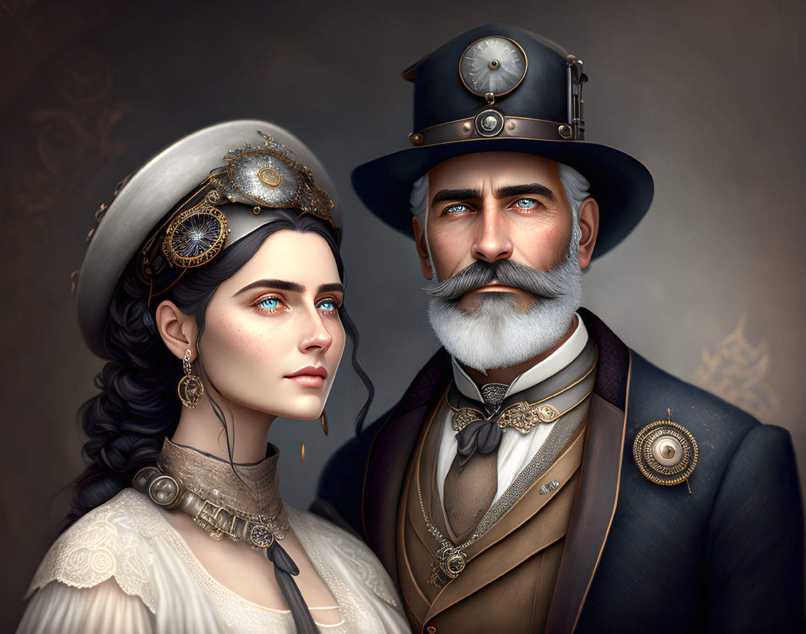 Victorian-era couple in steampunk attire with ornate headgear and brass gears