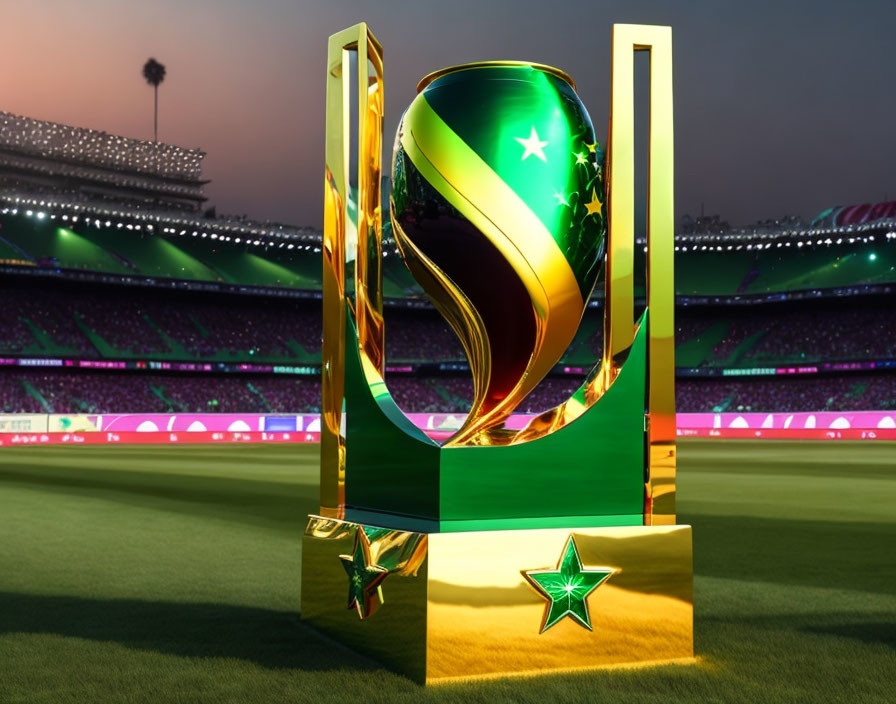 Shiny green and golden star-themed trophy in stadium setting