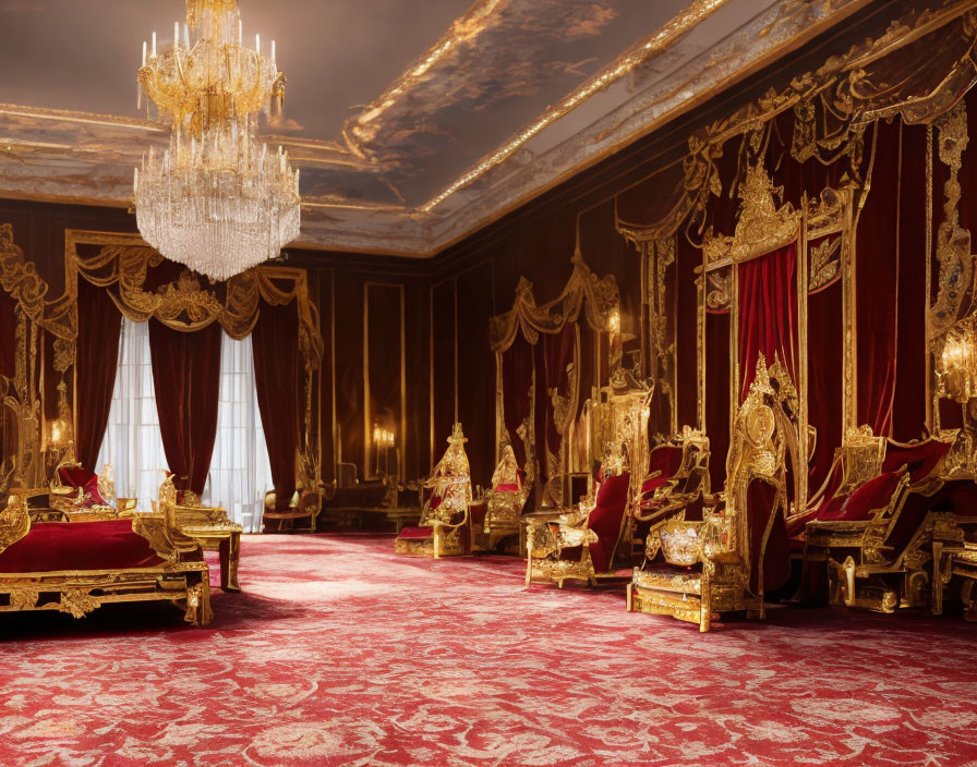 Luxurious room with golden furniture, red curtains, chandeliers, and plush carpet