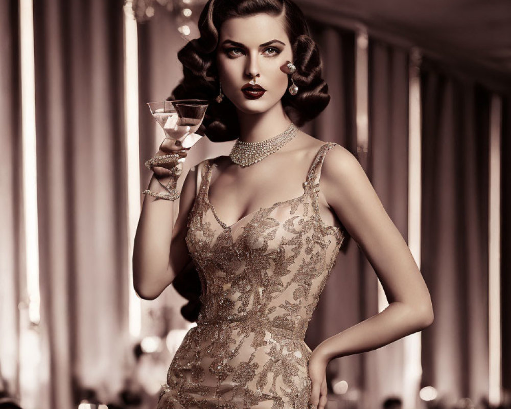 Elegant woman in vintage-style dress with martini glass in luxurious Hollywood setting