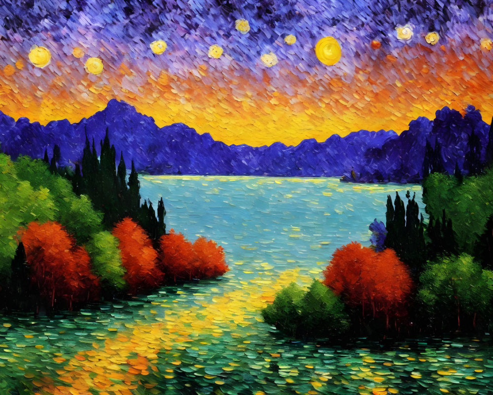 Impressionistic sunset painting with colorful trees and starry sky