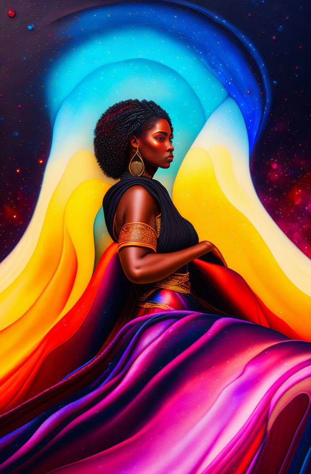 Afro woman in cosmic backdrop with vibrant colors and golden jewelry