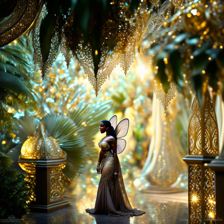 Translucent-winged fairy in elegant gown within ornate forest scene