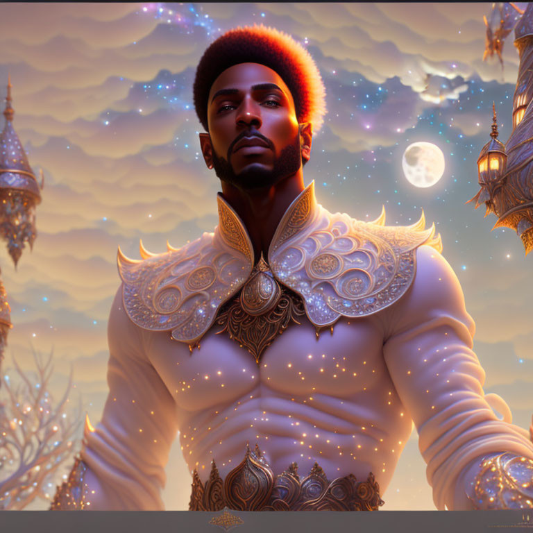 Regal man in white and gold attire with ethereal backdrop