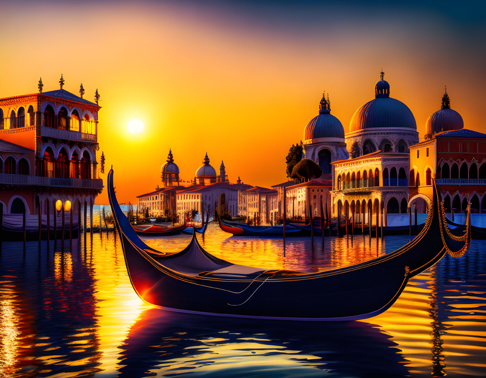 Gondola floating with Venice architecture in vibrant sunset sky