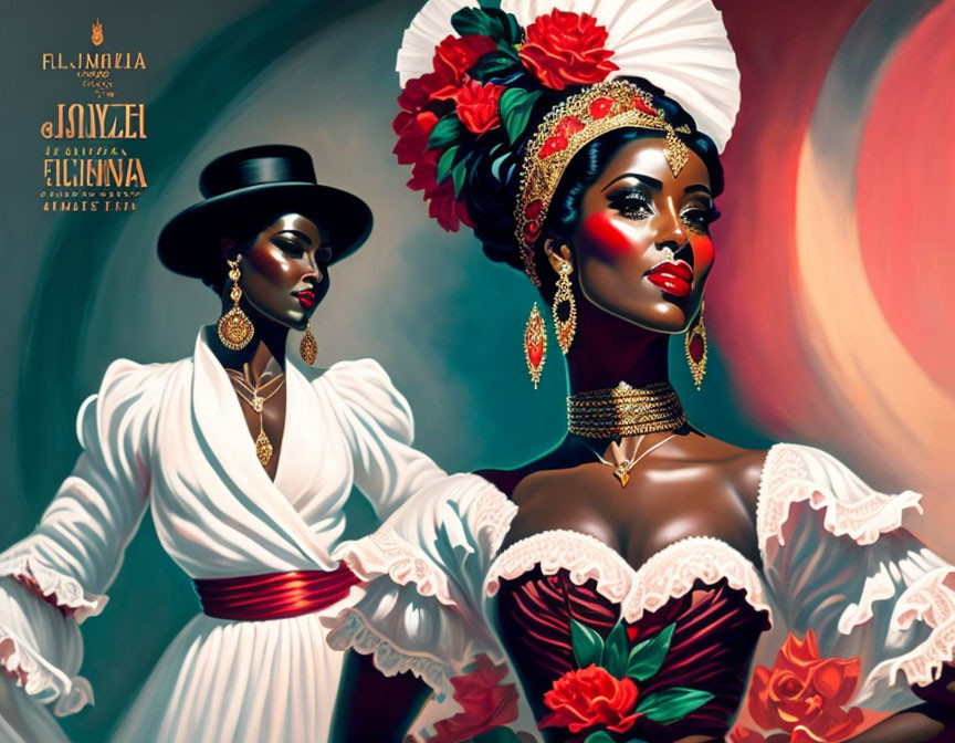 Stylized illustrations of women in traditional Mexican attire