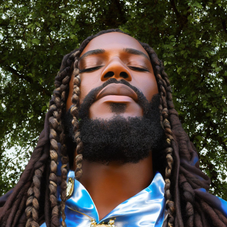 Portrait of a man with closed eyes, long braids, and a beard by a tree.