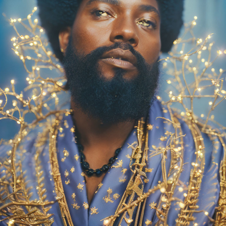 Bearded man in blue robe among golden twinkling lights