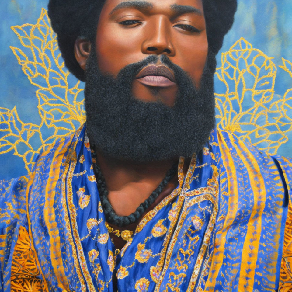 Man with Full Beard in Blue & Gold Traditional Garment with Mandala Background