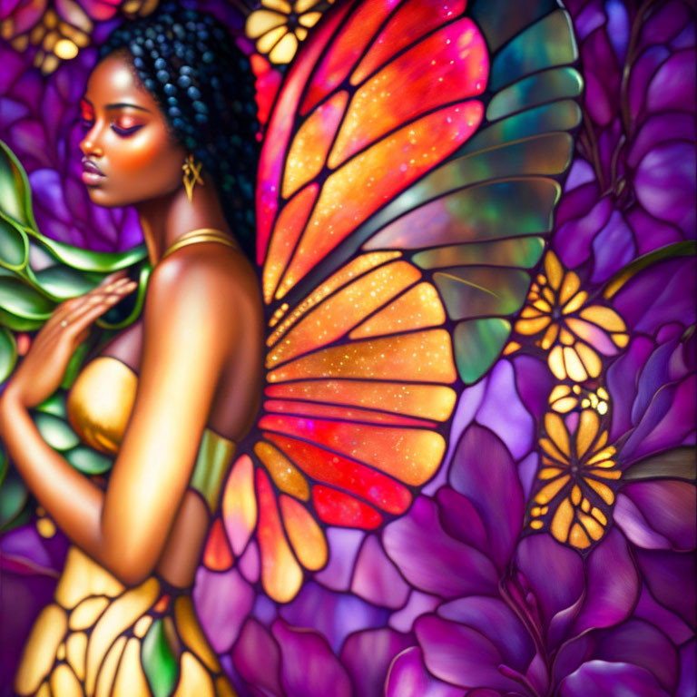 Woman with butterfly wings in serene pose on purple floral backdrop
