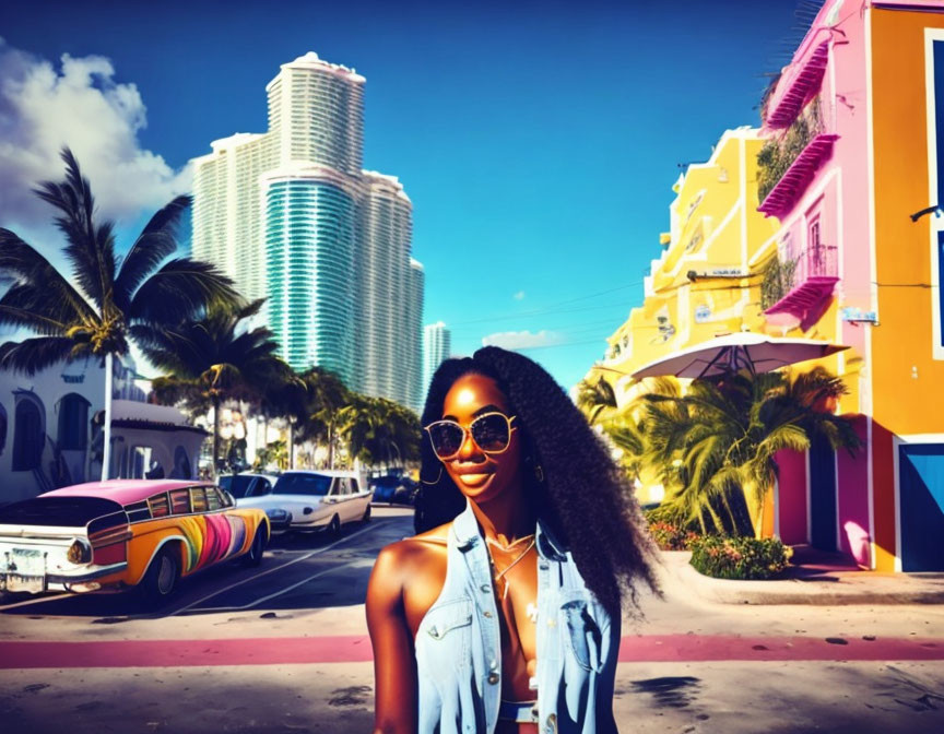 Woman in Sunglasses with Colorful Buildings and Classic Car Under Blue Sky