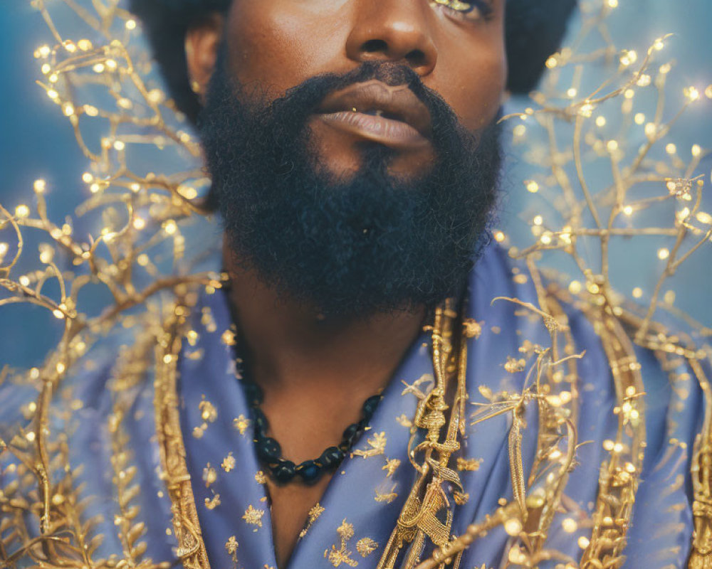 Bearded man in blue robe among golden twinkling lights