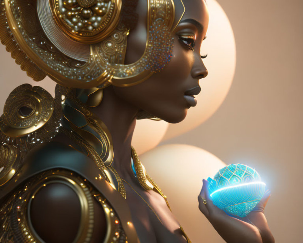 Afrofuturistic female figure with golden headgear and glowing orb on warm backdrop