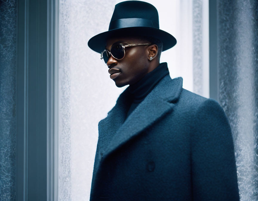 Fashionable man in black overcoat, wide-brimmed hat, and sunglasses poses confidently.