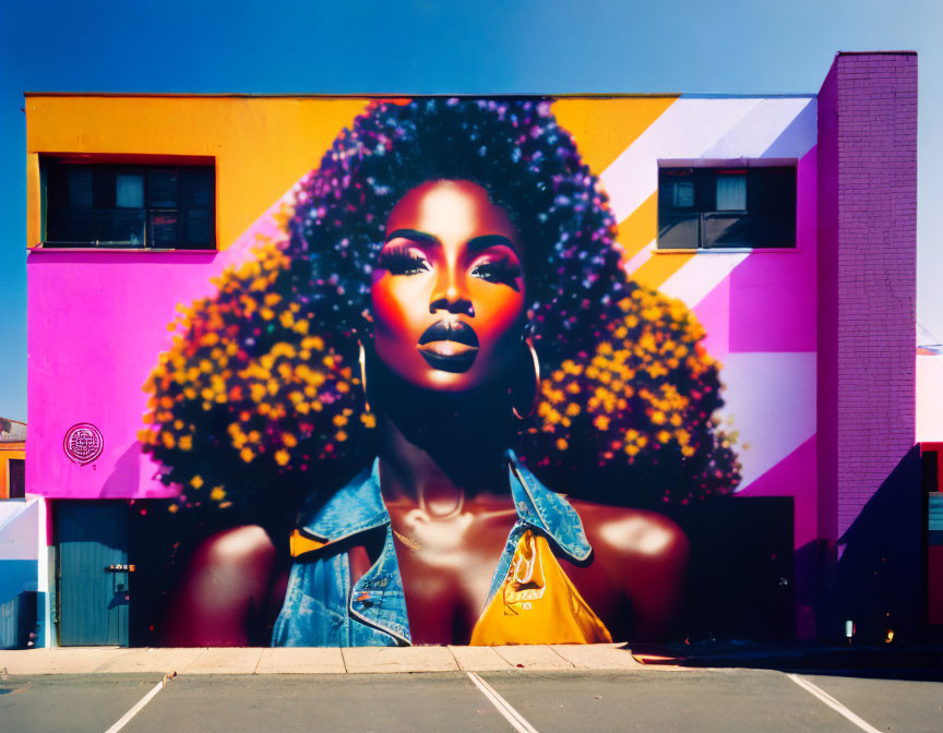 Colorful street mural: Woman with flower afro on pink and yellow wall