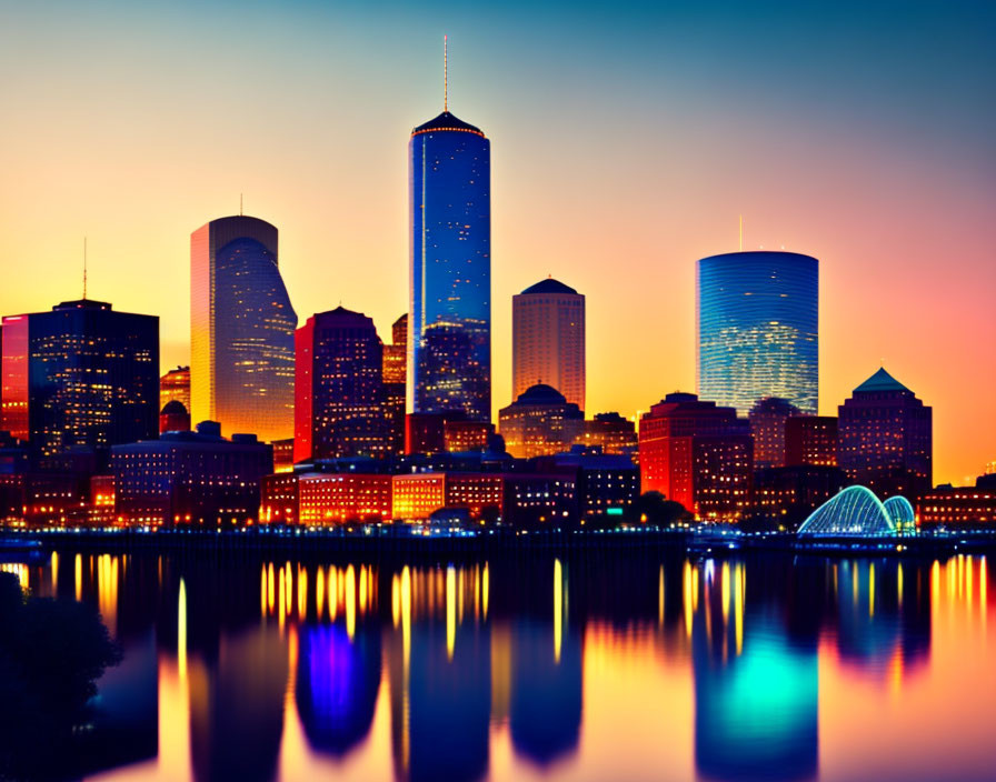 City skyline reflected at sunset with illuminated buildings and gradient sky