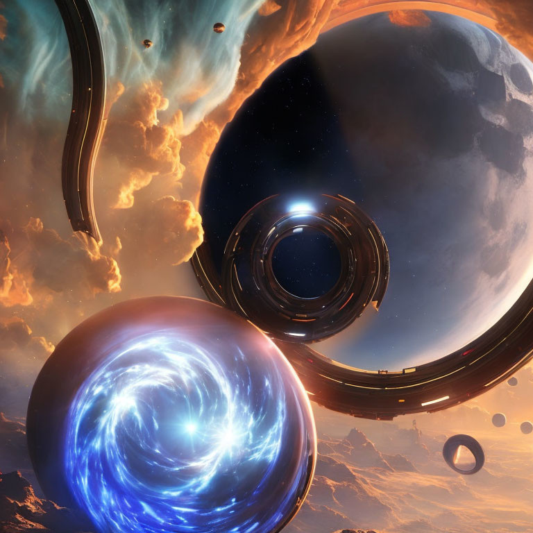 Sci-fi scene with celestial bodies, swirling portals, spacecrafts, clouds, cosmic backdrop