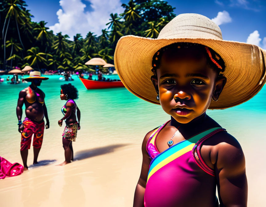 Child in sunhat on sunny beach with adults and tropical trees.