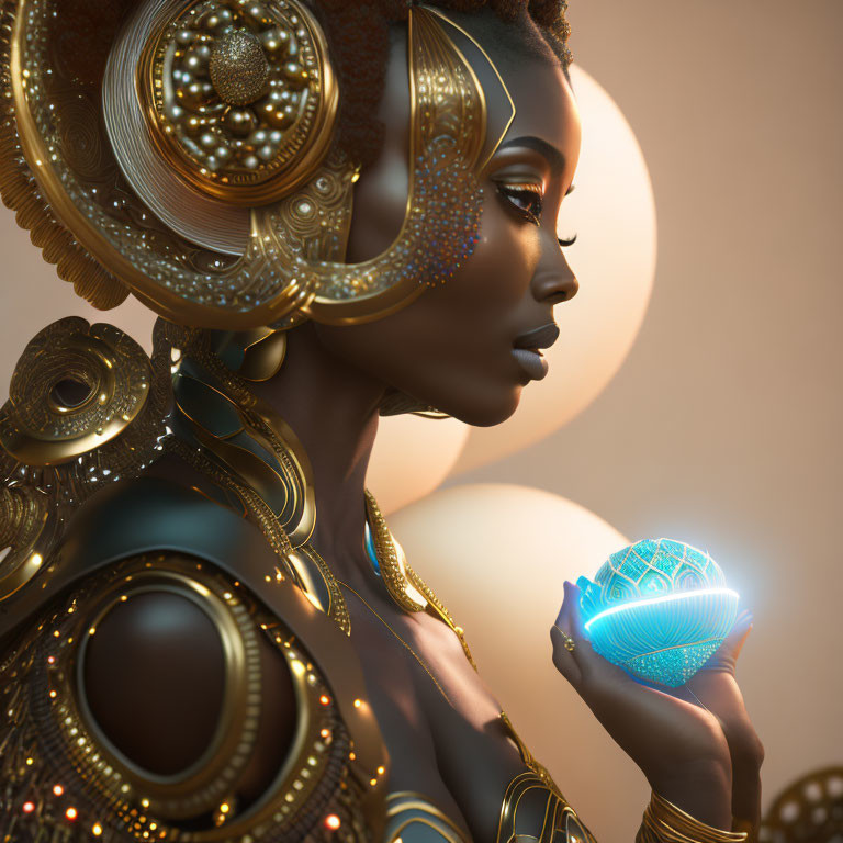 Afrofuturistic female figure with golden headgear and glowing orb on warm backdrop