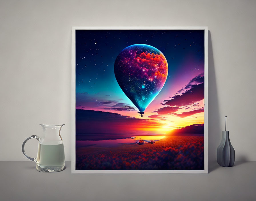 Surreal framed artwork: Hot air balloon with galaxy pattern above sunset sky and lavender field, with