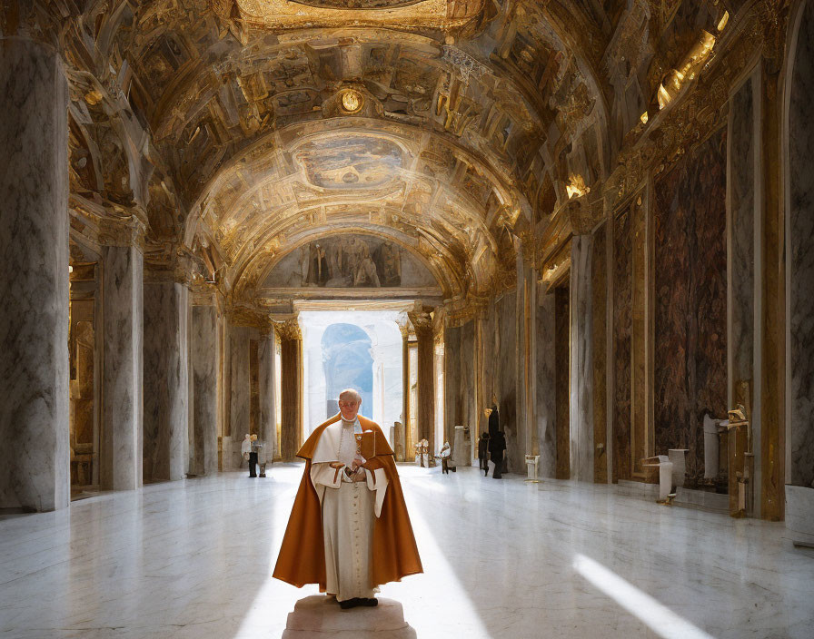 Religious figure in ornate hall with marble floors and frescoed ceiling
