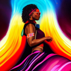 Afro woman in cosmic backdrop with vibrant colors and golden jewelry