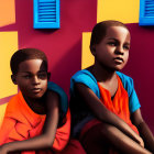Two boys in bright orange shirts by colorful wall with blue windows
