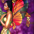Woman with butterfly wings in serene pose on purple floral backdrop