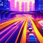 Detailed cityscape with multilevel highways and cars at dusk in vibrant illustration