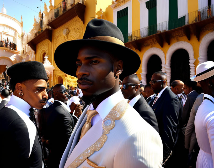 Stylish men in formal attire with hats outside historic yellow building
