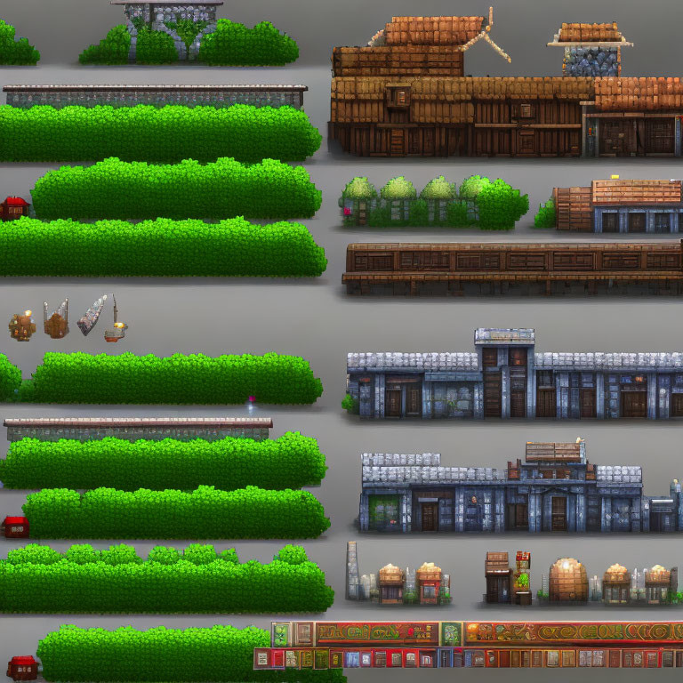 Pixel Art Game Assets: Trees, Houses, Hedges, Train, Boats, Stone Structures,