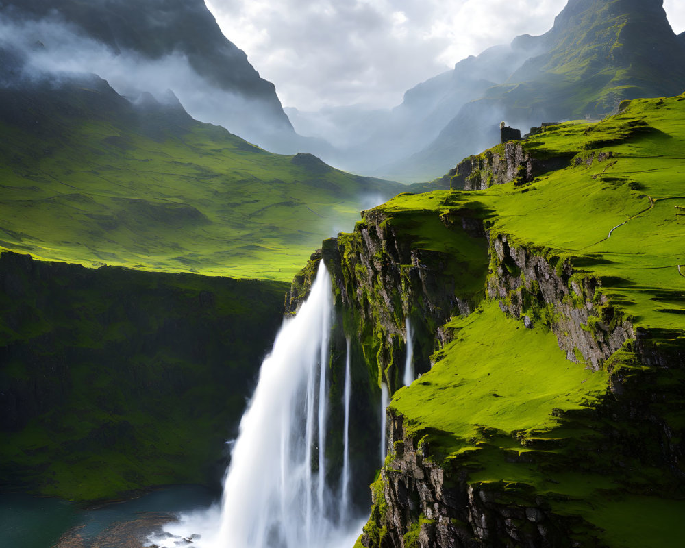 Scenic waterfall in a lush green cove under a dramatic sky