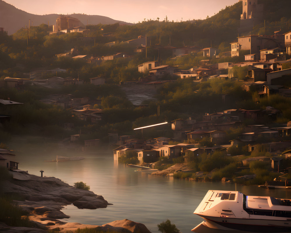 Tranquil riverside dusk scene with fishing figure and village nestled among hills